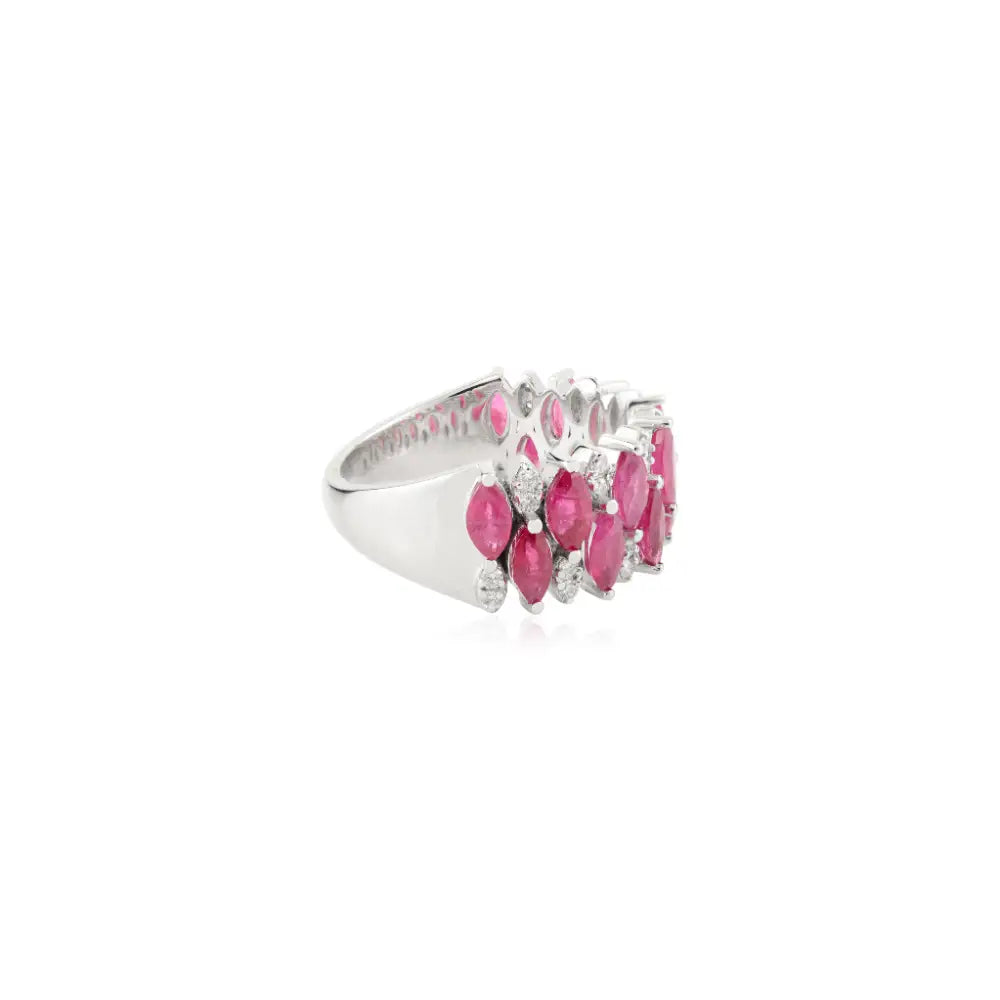 Luxury Genuine Ruby & Diamond Solid 14K White Gold Statement Ring Women Wedding Jewelry