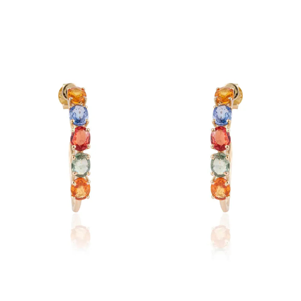 5x4mm Oval Cut Multi Sapphire C Shape Hoop Earrings Real 14K Yellow Gold Fine Jewelry