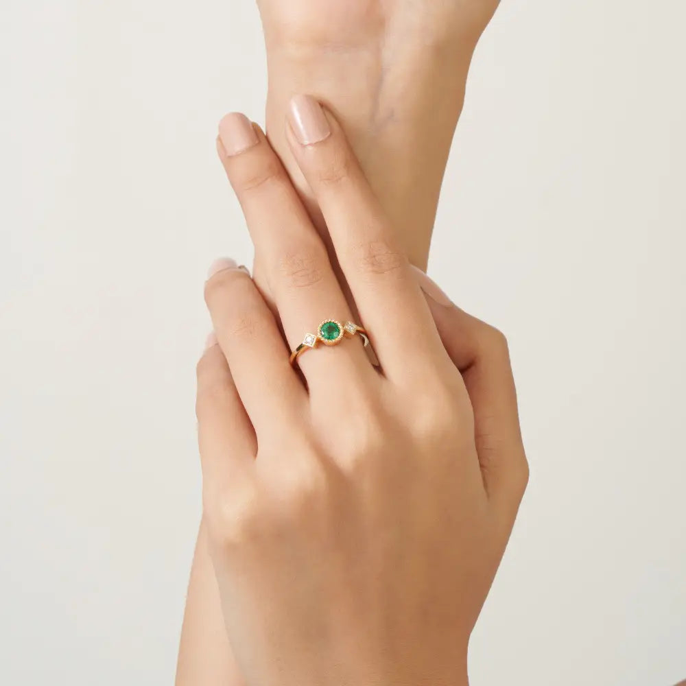 Dainty Emerald & Diamond K14 Pure Yellow Gold Three Stone Ring Stacking Jewelry For Women