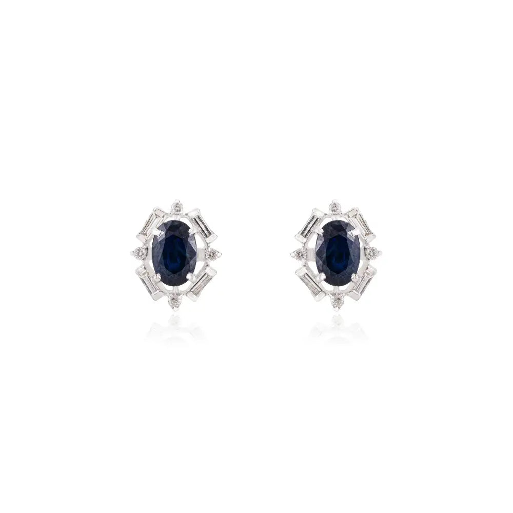 Art Deco Inspired Blue Sapphire & Diamond Halo Stud Earrings 14K Pure White Gold Jewelry