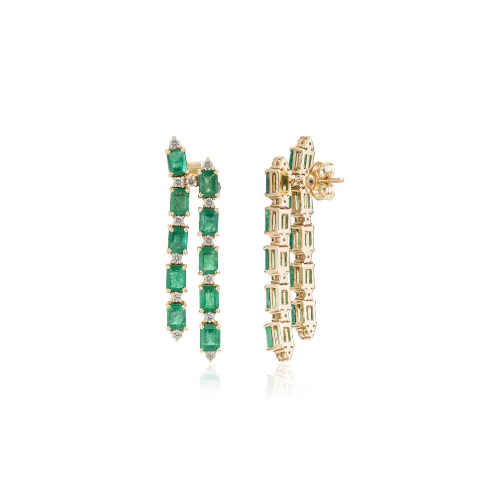 K14 Yellow Gold Fine Emerald & Diamond Two Line Dangle Earrings For Women Wedding Jewelry
