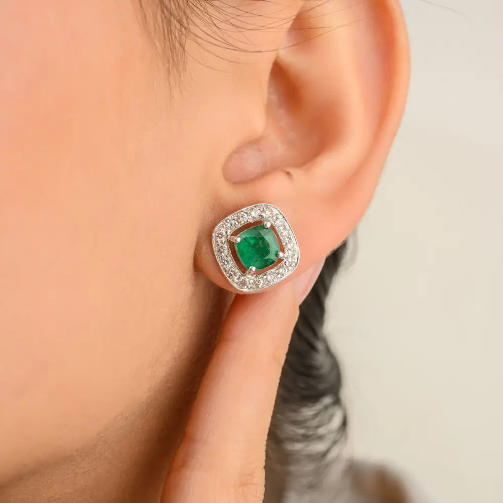 May Birthstone Cushion Cut Emerald & Round Diamond K14 White Gold Stud Earring