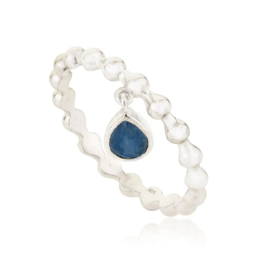 Real Blue Sapphire Gemstone Beaded Band Charm Ring Elegant 14K White Gold Bulk Jewelry