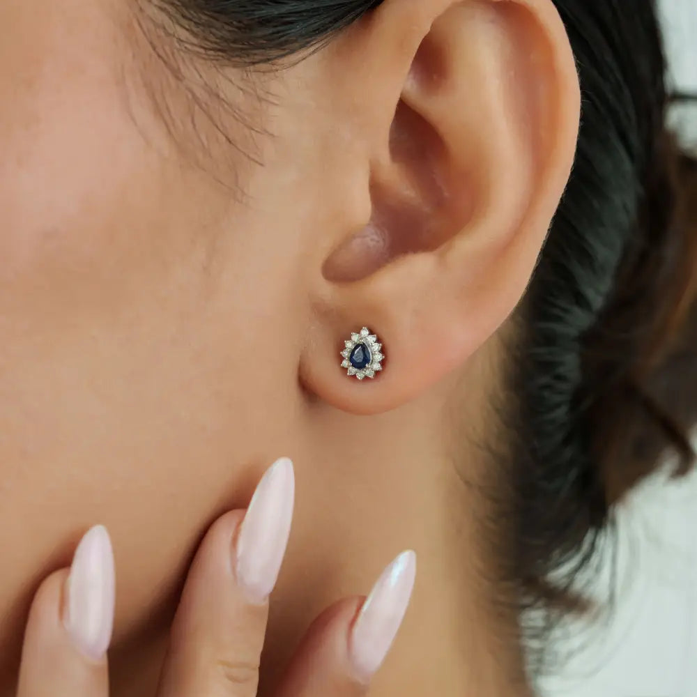 Prong Set Blue Sapphire & Diamond Pure 14K White Gold Cluster Stud Earrings Custom Jewelry
