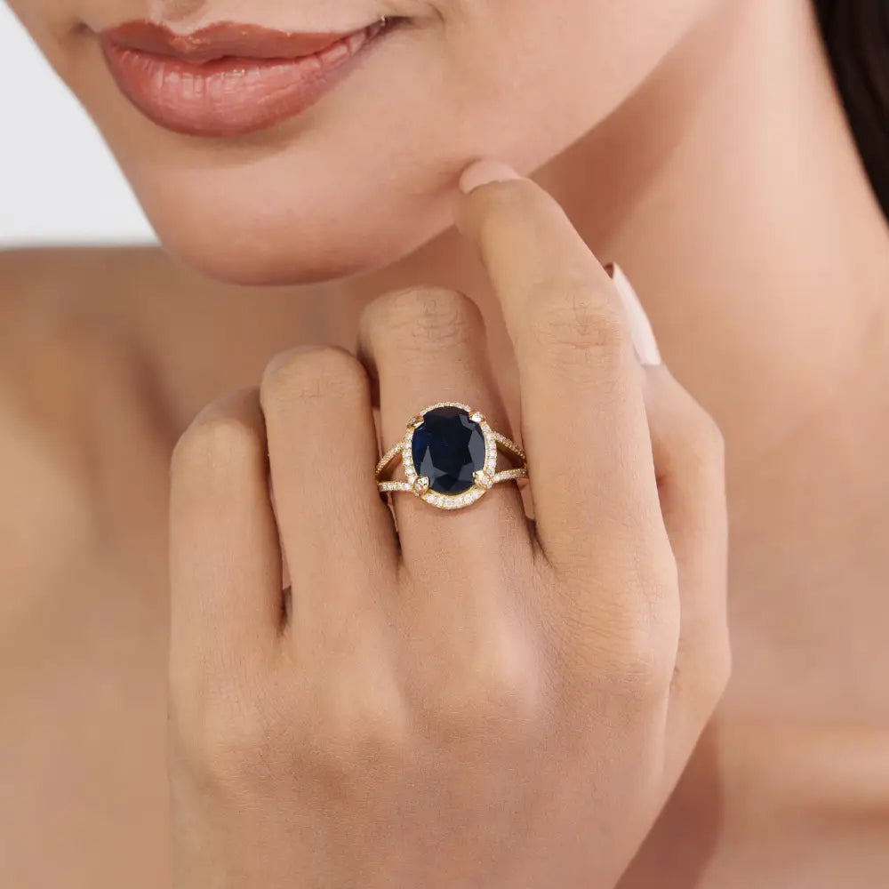 6.11ct. Blue Sapphire & Diamond Halo Split Shank Ring Wedding Bold Jewelry 14K Yellow Gold