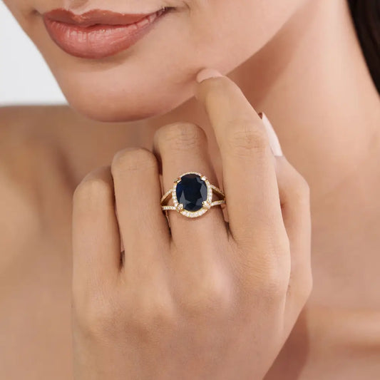 6.11ct. Blue Sapphire & Diamond Halo Split Shank Ring Wedding Bold Jewelry 14K Yellow Gold
