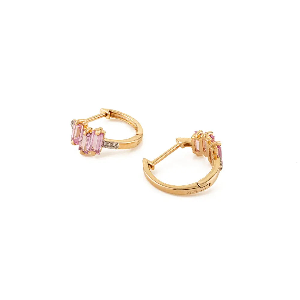 Minimalist Dainty Pink Sapphire & Diamond Fine 14K Solid Gold Huggie Hoop Earrings For Girls