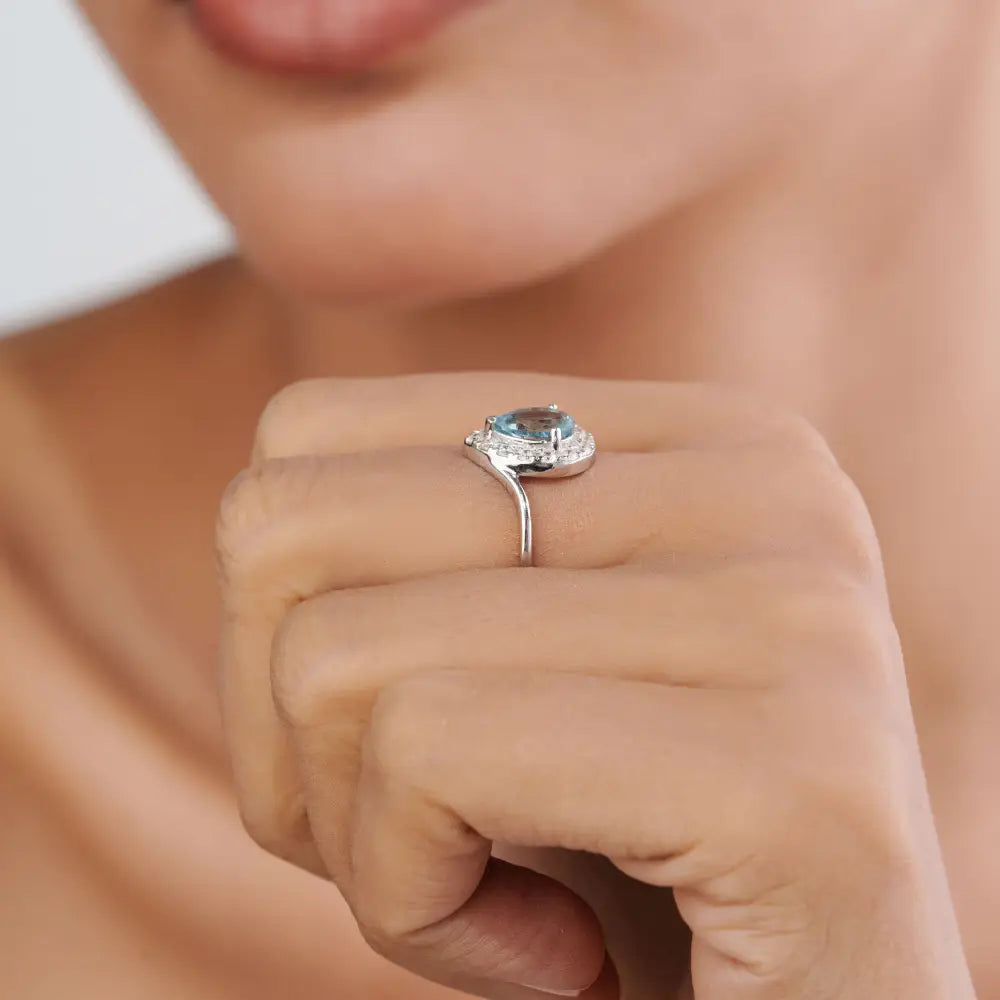 Latest Design Genuine Aquamarine & Diamond Pear Shape Halo Ring 14K Solid White Gold