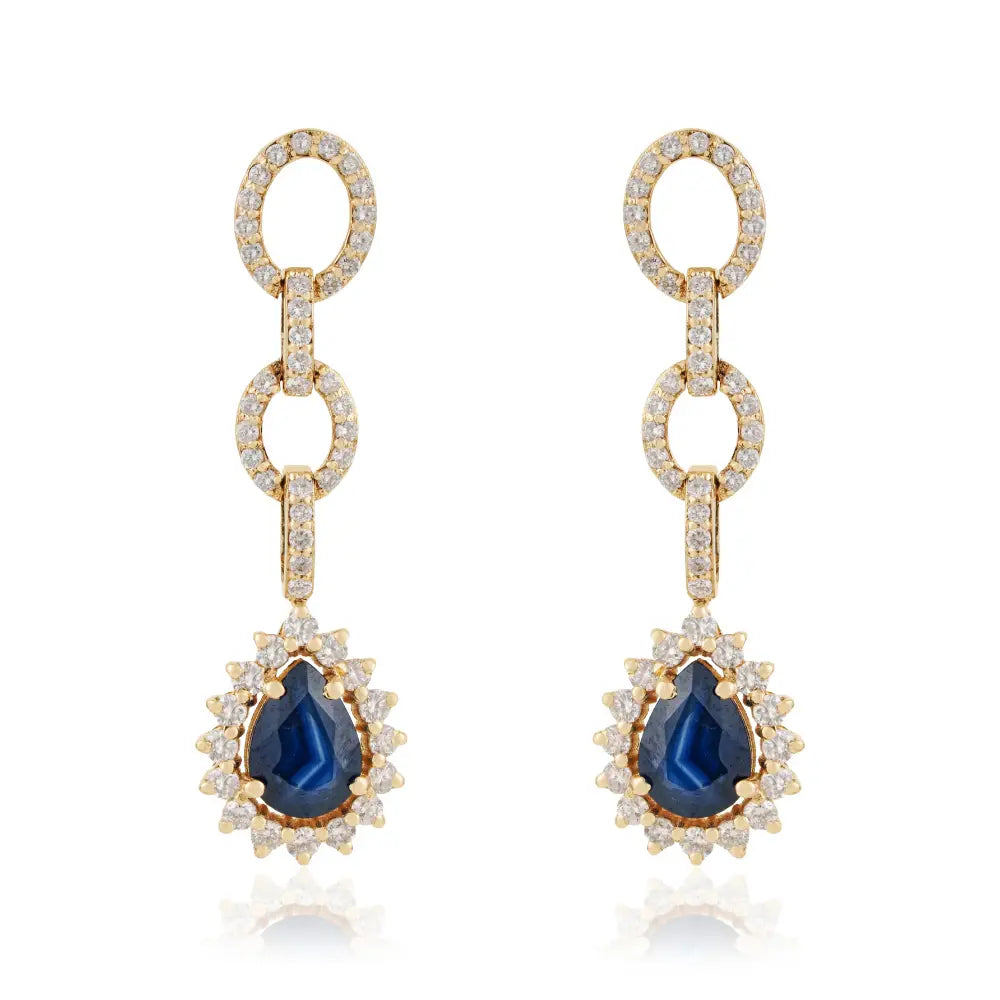 Unique Design Blue Sapphire & Diamond Cluster Link Dangle Earrings 14K Yellow Gold Jewelry