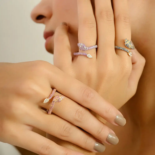 Unique Design Pink Sapphire & Diamond Snake Ring Animal Jewelry 14K Solid Yellow Gold