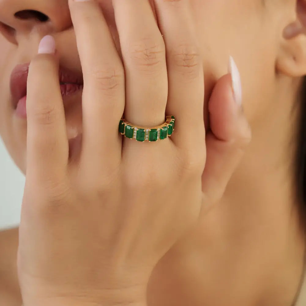 Zambian Emerald & Diamond Fine 18K Yellow Gold Half Eternity Band Ring Precious Jewelry