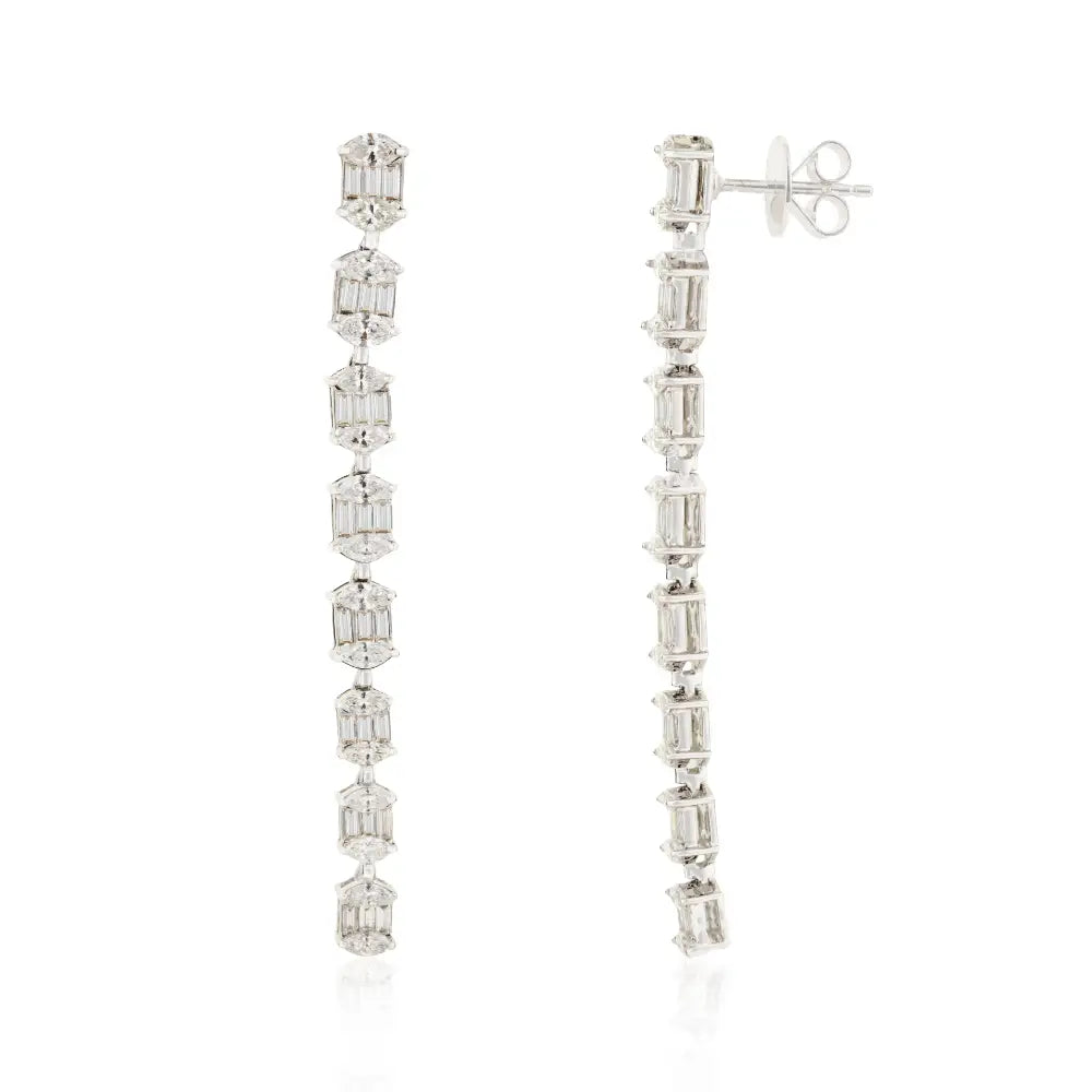 Luxurious 14K White Gold Natural Diamond Long Dangle Earrings Statement Bridal Jewelry