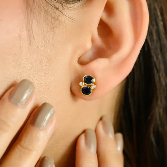 Bezel Set Blue Sapphire & Diamond K18 Yellow Gold Minimal Stud Earrings Custom Jewelry