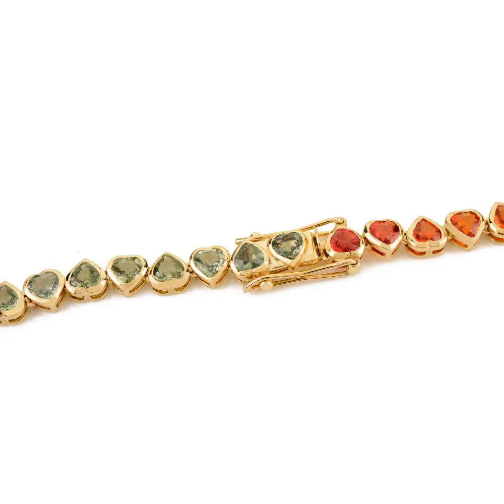 Rainbow Heart Shape Multi Sapphire Bezel Set 14K Solid Gold Tennis Necklace For Women