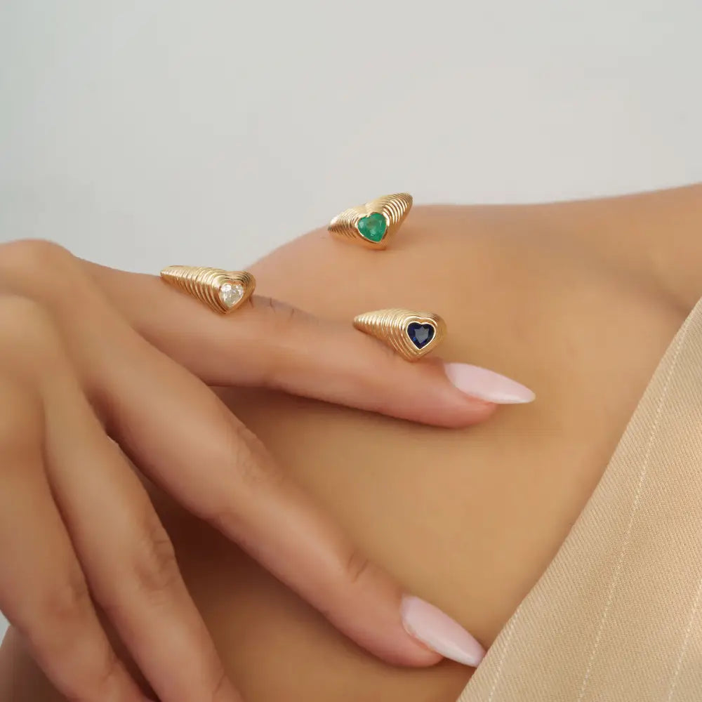Gypsy Set Emerald K14 Yellow Gold Croissant Pinky Ring Precious Gemstone Bulk Jewelry