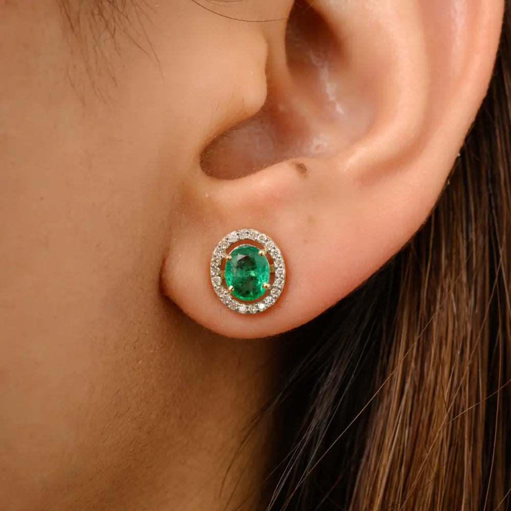 Latest Design 14K Yellow Gold Natural Emerald & Diamond Stud Earrings