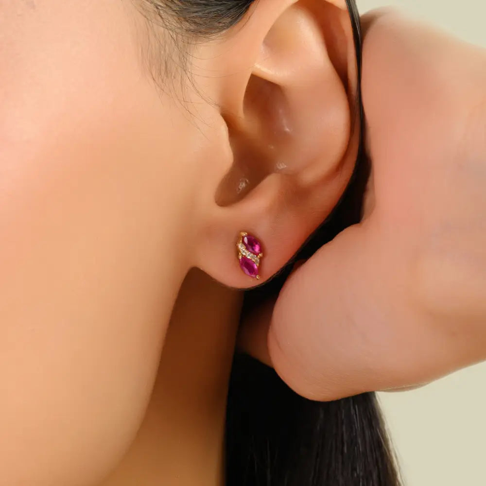Marquise Shape Ruby & Diamond Minimalist Stud Earrings 14K Real Yellow Gold Gift For Her