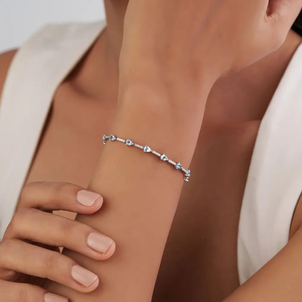 Best Selling Products Aquamarine & Diamond Sleek Tennis Bracelet 14K White Gold Jewelry
