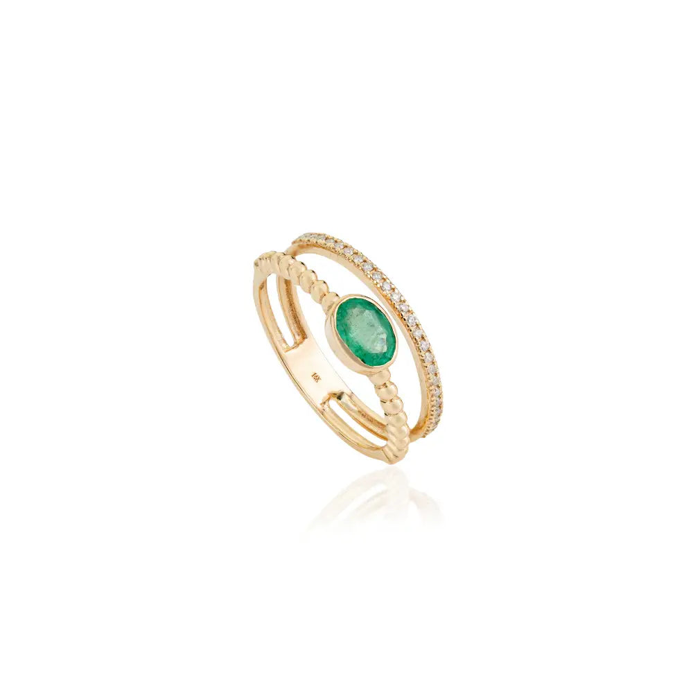 Real Emerald & Diamond Double Band Ring K14 Solid Yellow Gold Stackable Jewelry Supplier
