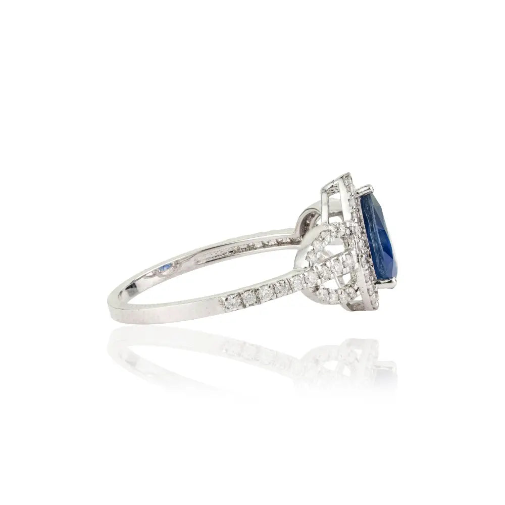14K Real White Gold Blue Sapphire & Diamond Statement Ring Latest Design Jewelry Supplier