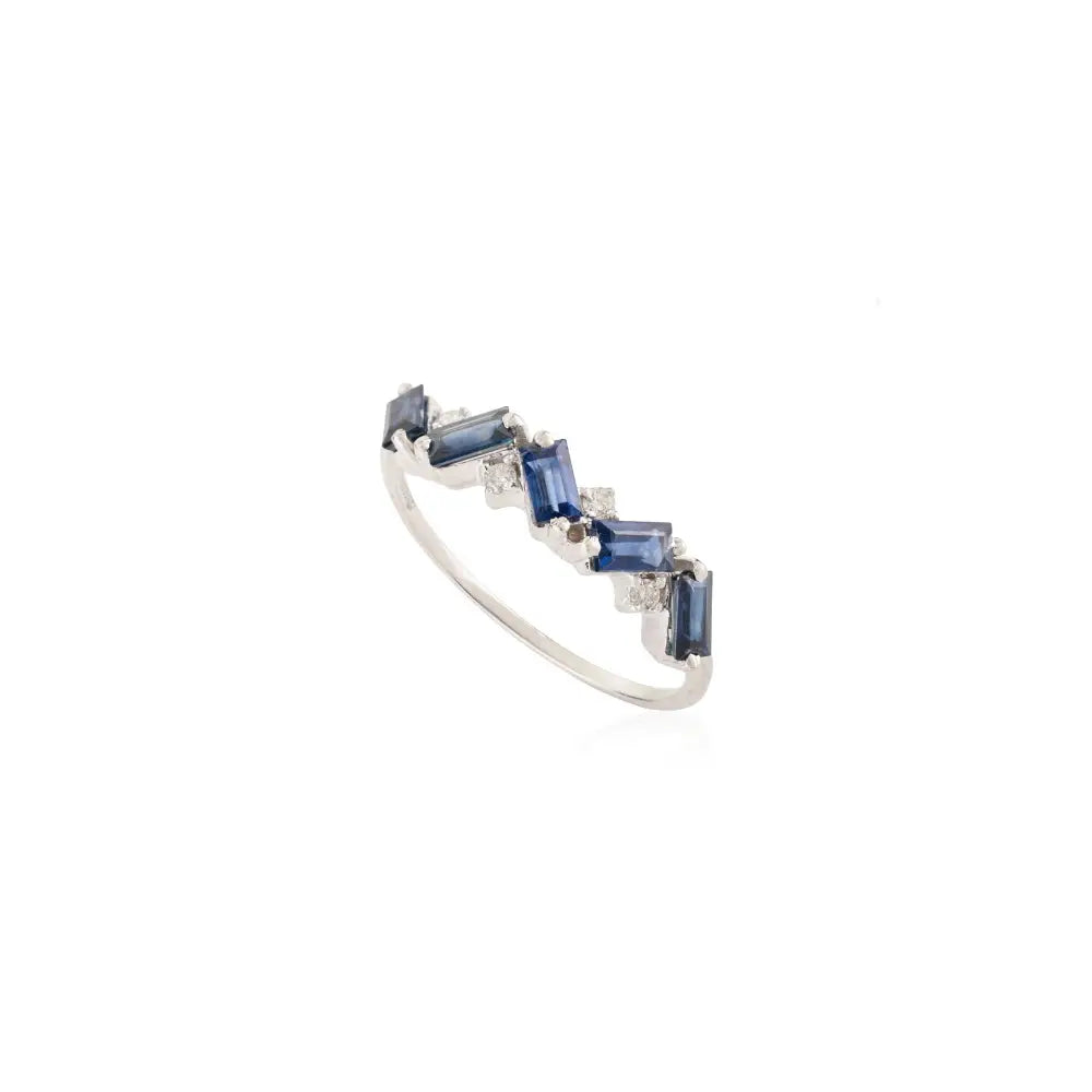 14K Real White Gold Blue Sapphire & Diamond Zig Zag Half Eternity Band Ring Unique Jewelry