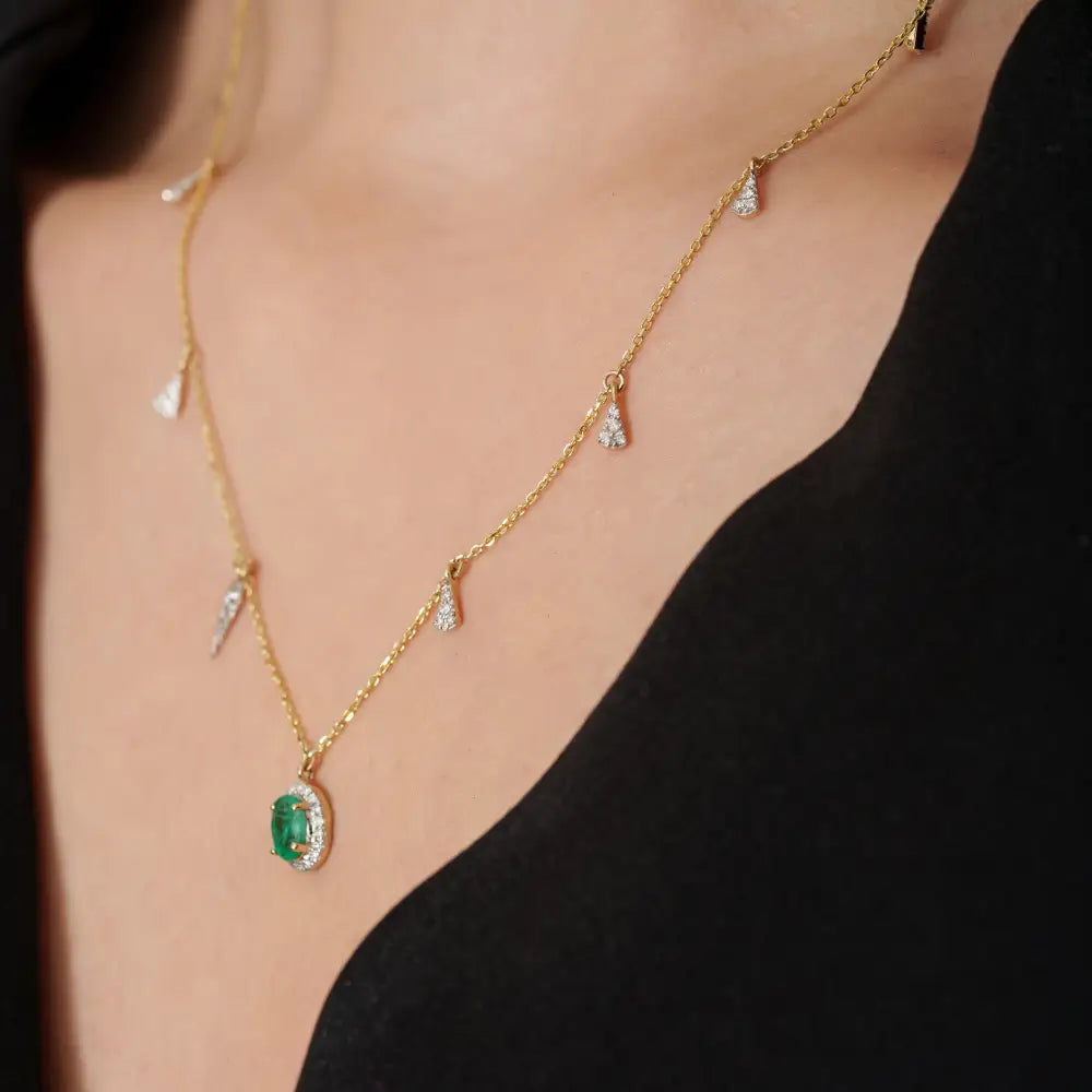 Elegant Design Emerald & Diamond Stacked Charm Chain Necklace Solid 14K Yellow Gold Jewelry