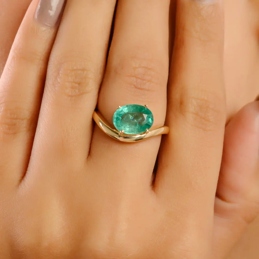 2.43 Ct. Zambian Emerald Solitaire Gemstone Wavy Ring K14 Real Gold Statement Jewelry