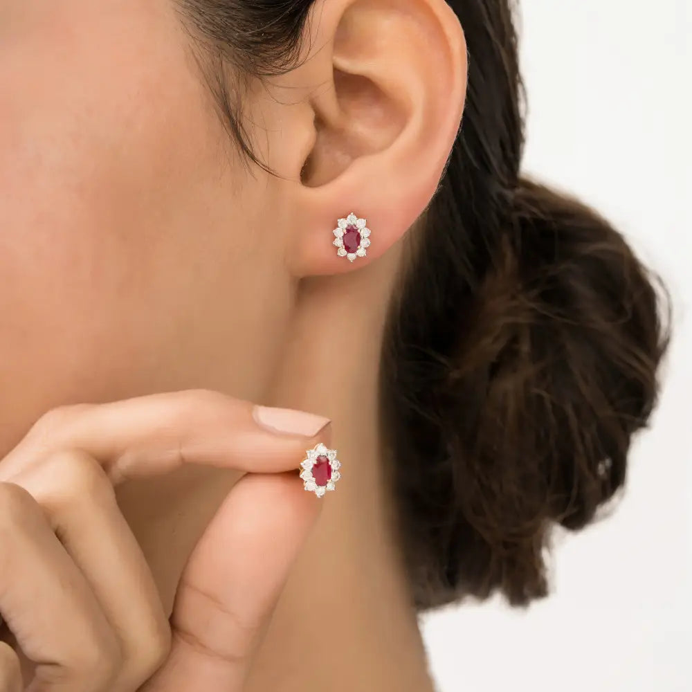 Minimal Real Ruby & Diamond 14K Yellow Gold Cluster Stud Earrings Daily Wear Jewelry