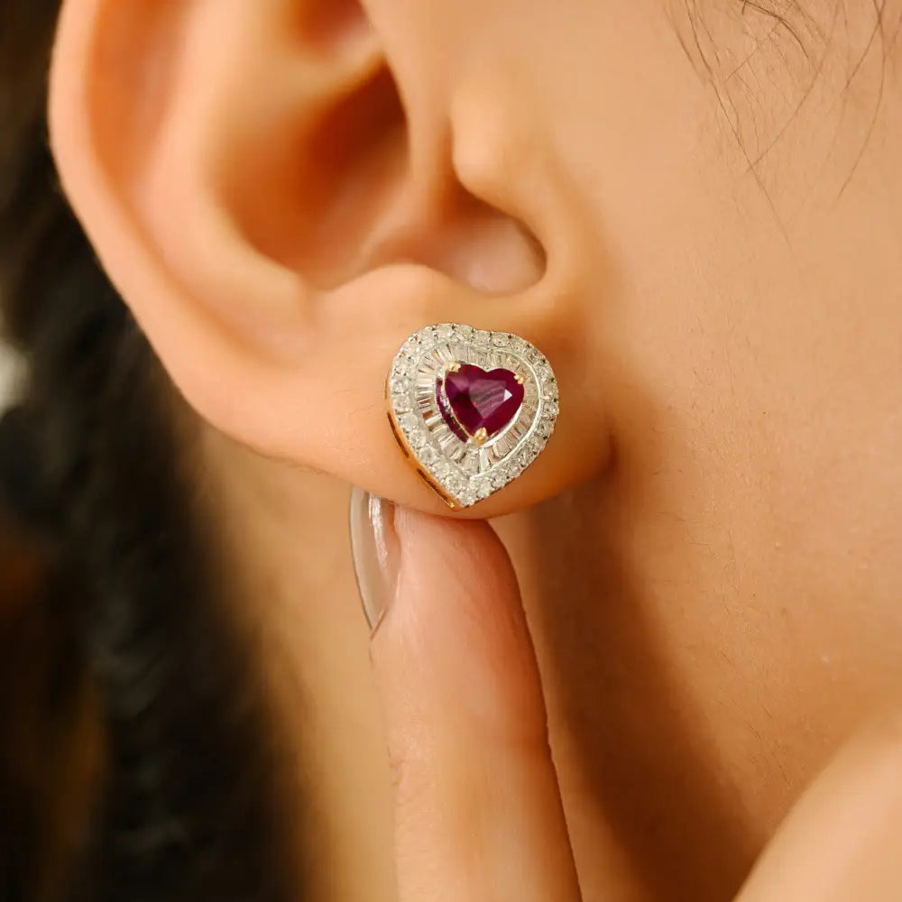 Heart Shape Ruby & Diamond Solid K14 Yellow Gold Double Cluster Stud Earrings For Women