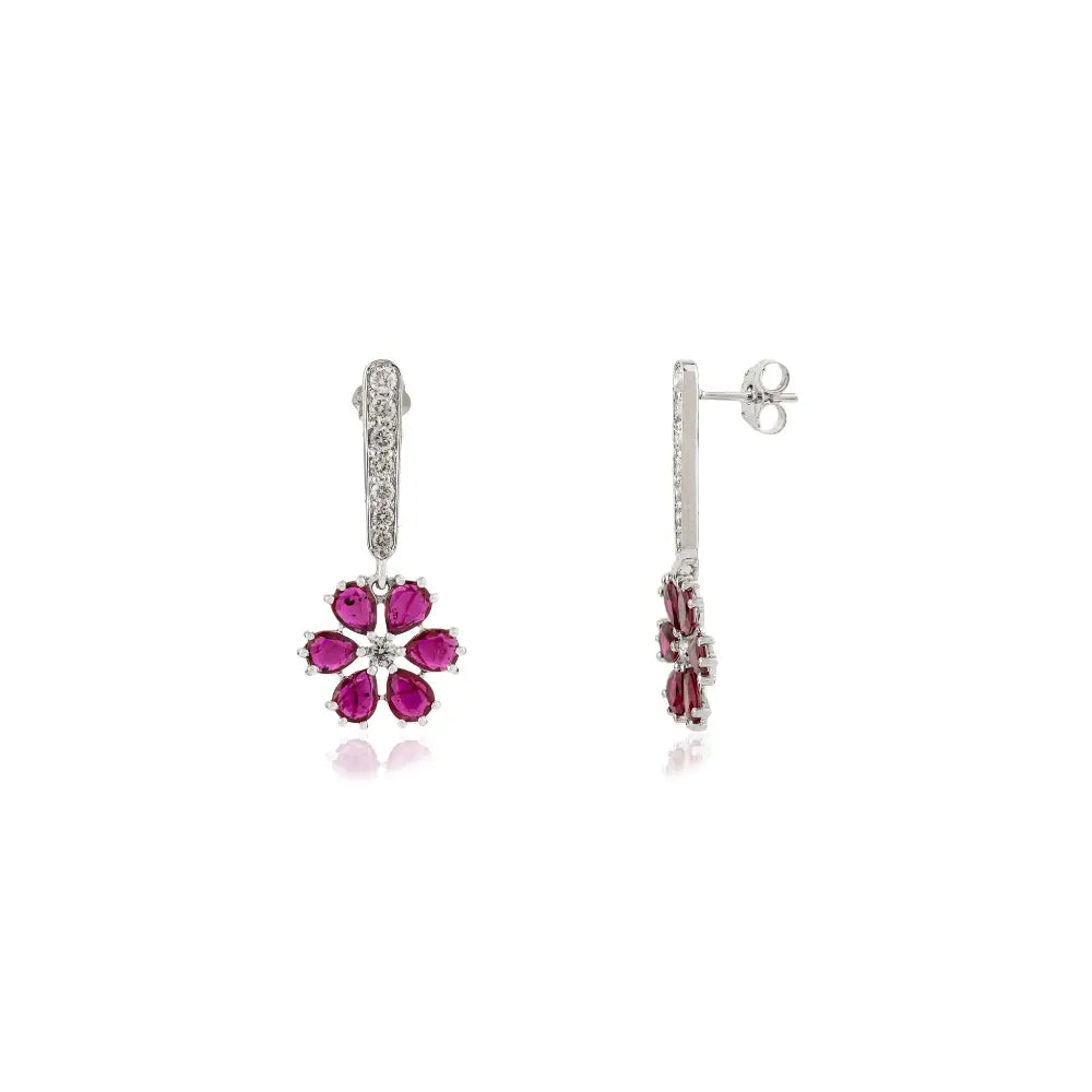 Pear Shape Ruby & Diamond Flower Design Drop Women Earrings 18K White Gold Jewelry