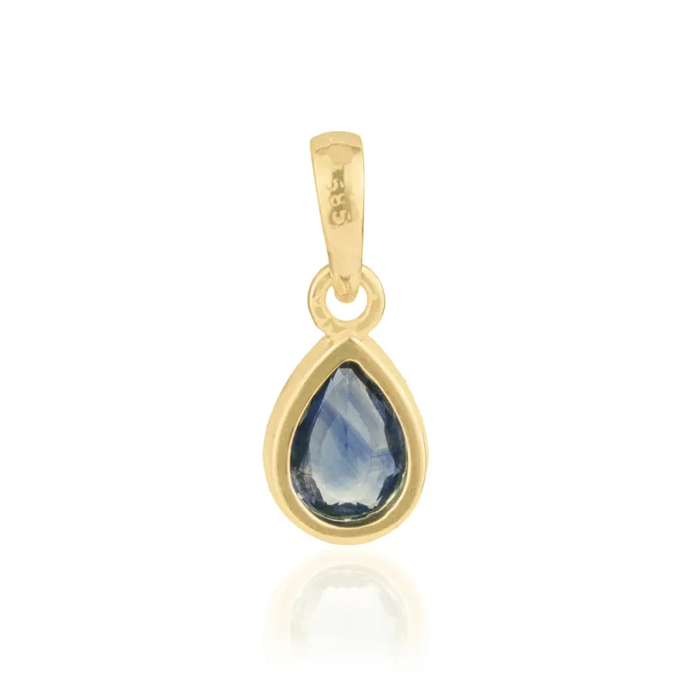 14K Yellow Gold Bezel Set Blue Sapphire Teardrop Shape Minimal Pendant Everyday Wear