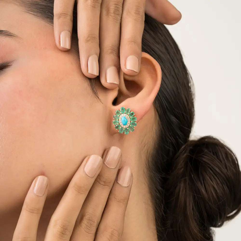 Natural Gemstone Emerald Turquoise & Diamond Floral Halo Stud Earrings 14K Yellow Gold