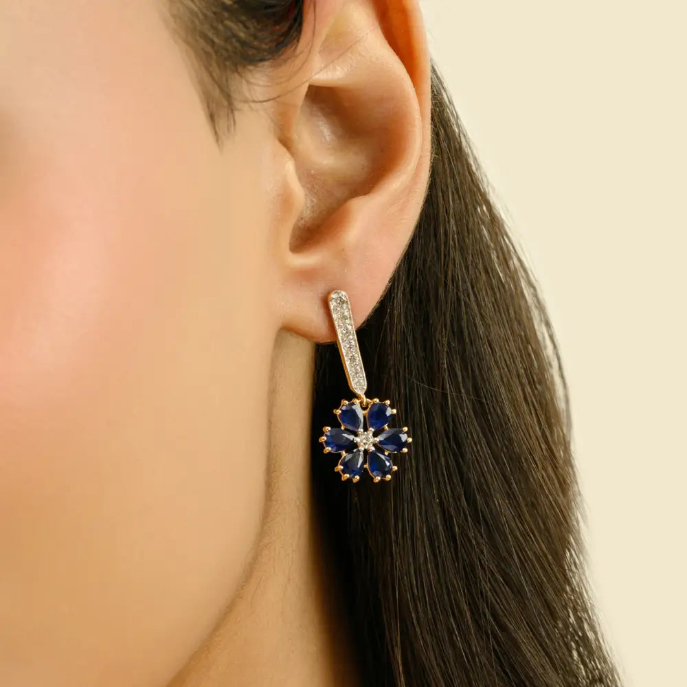 Flower Design Blue Sapphire & Diamond Drop Earrings Designer 18K Yellow Gold Fine Jewelry