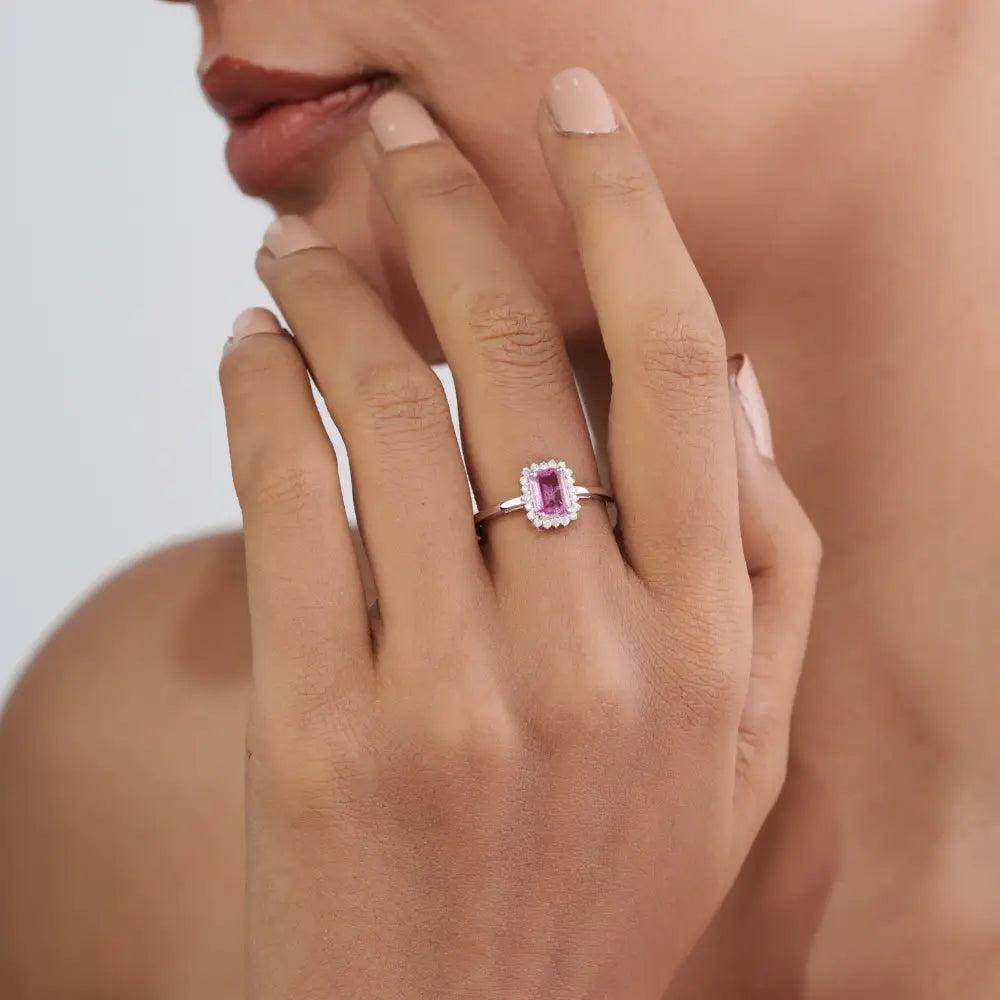 Elegant Classic Style Pink Sapphire & Diamond Cluster Ring 14K White Gold Custom Jewelry