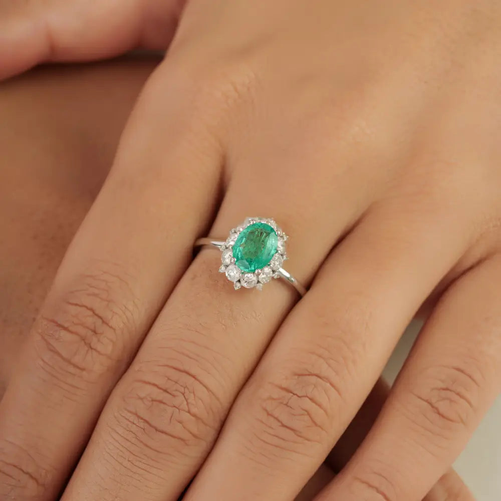 8x6mm Emerald & Diamond Stackable Cluster Ring Engagement Jewelry 14K White Gold