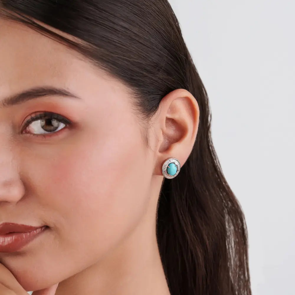 Best Selling 9x6mm Oval Cut Turquoise & Diamond Halo Stud Earrings 14K White Gold Jewelry