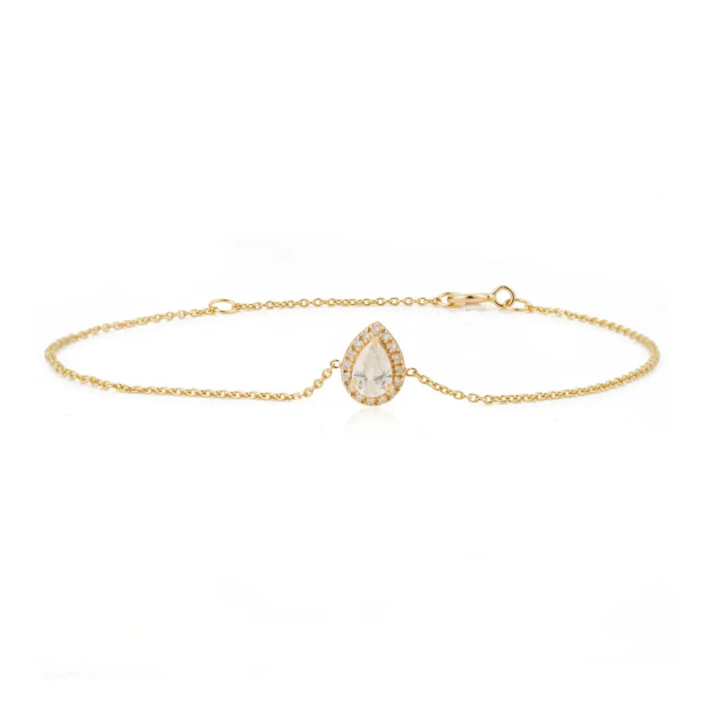 Stunning Delicate 14K Real Yellow Gold Natural Diamond Pear Shape Halo Link Chain Bracelet