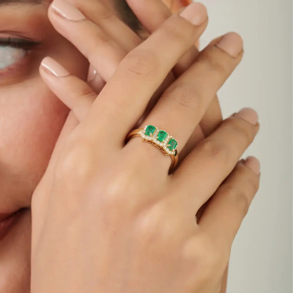 Octagon Cut Emerald & Round Diamond K14 Pure Yellow Gold Halo Three Stone Ring Unisex
