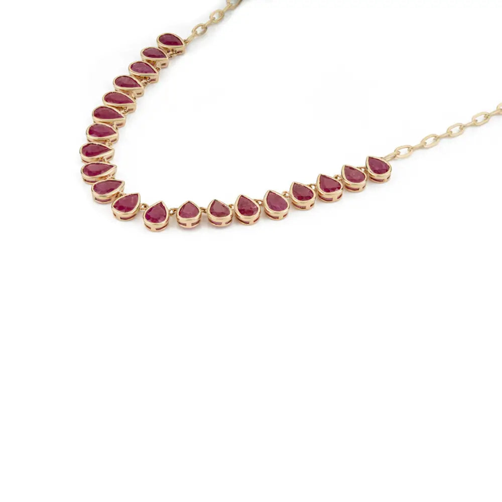 July Birthstone Genuine Ruby Paperclip Chain Half Tennis Necklace 14K Solid Yellow Gold Jewelry