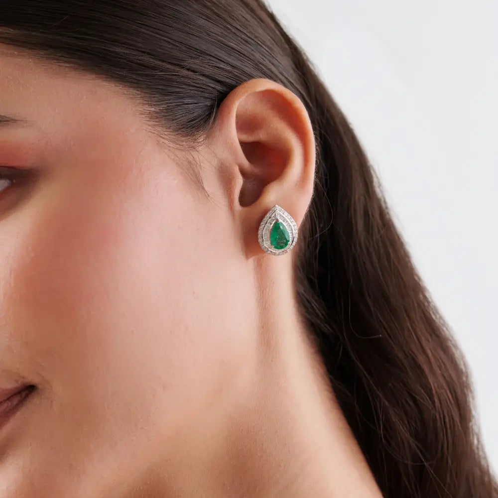 Real 18K White Gold Zambian Emerald & Diamond Pear Shape Double Cluster Stud Earrings