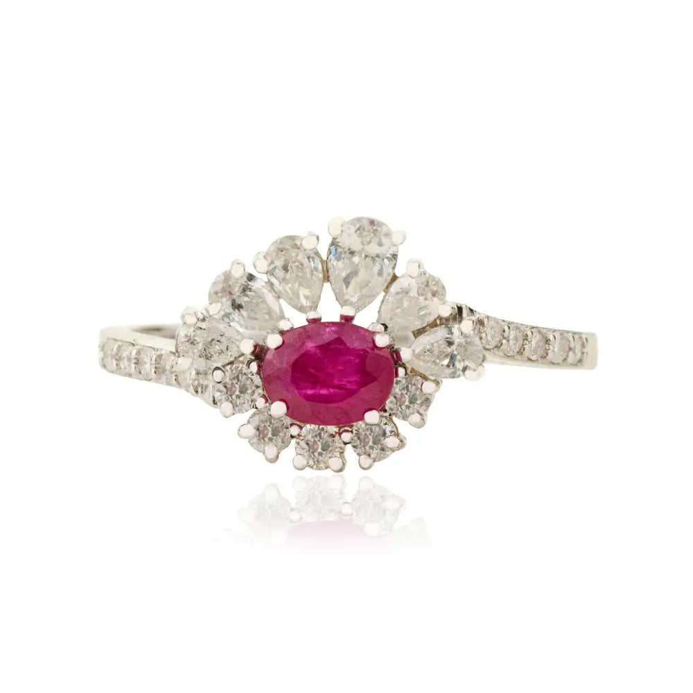 Precious Gemstone Ruby & Diamond Engagement Ring Solid K18 White Gold Wedding Jewelry