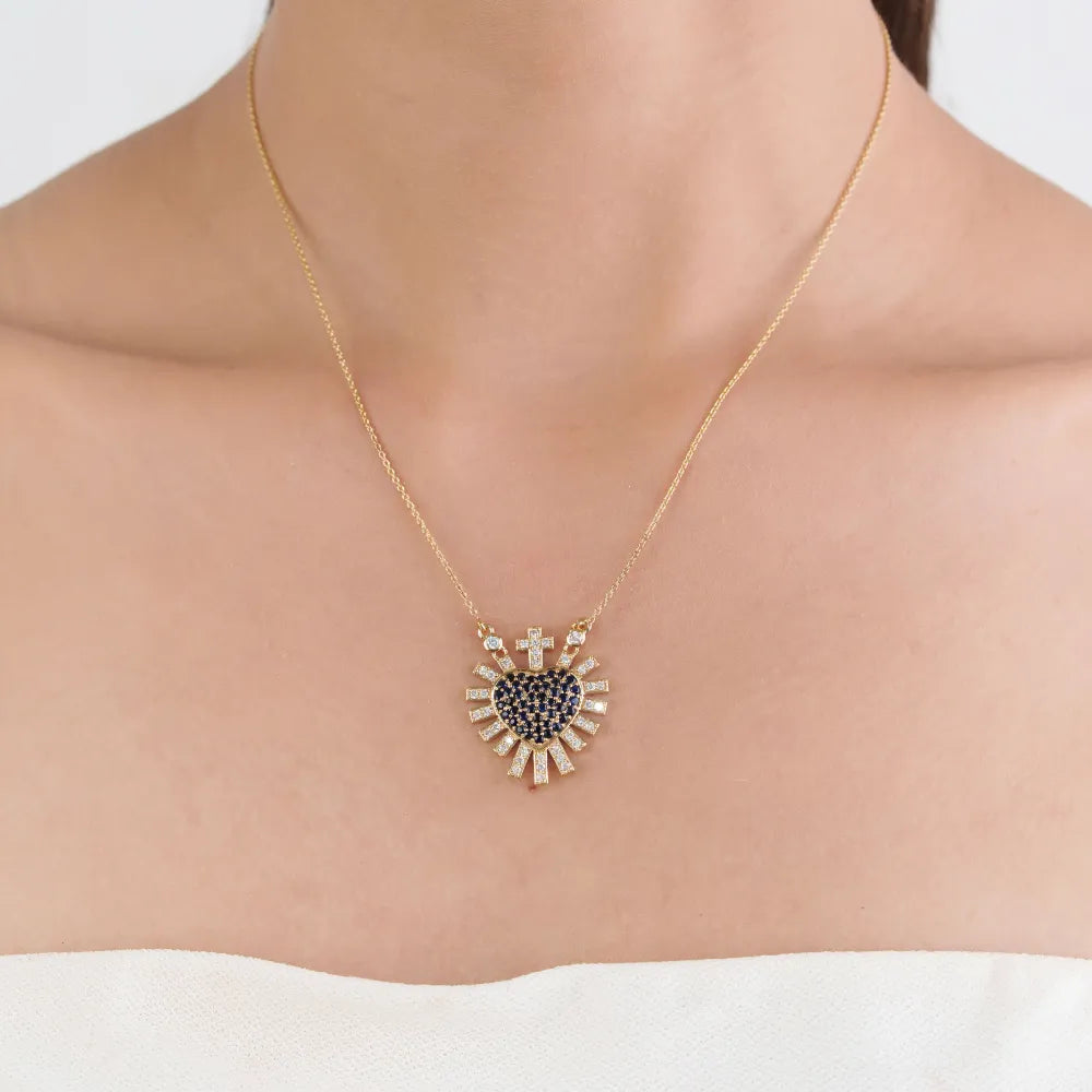 Gorgeous Blue Sapphire & Diamond Sacred Heart Sunburst Pendant Necklace 14K Solid Yellow Gold Jewelry