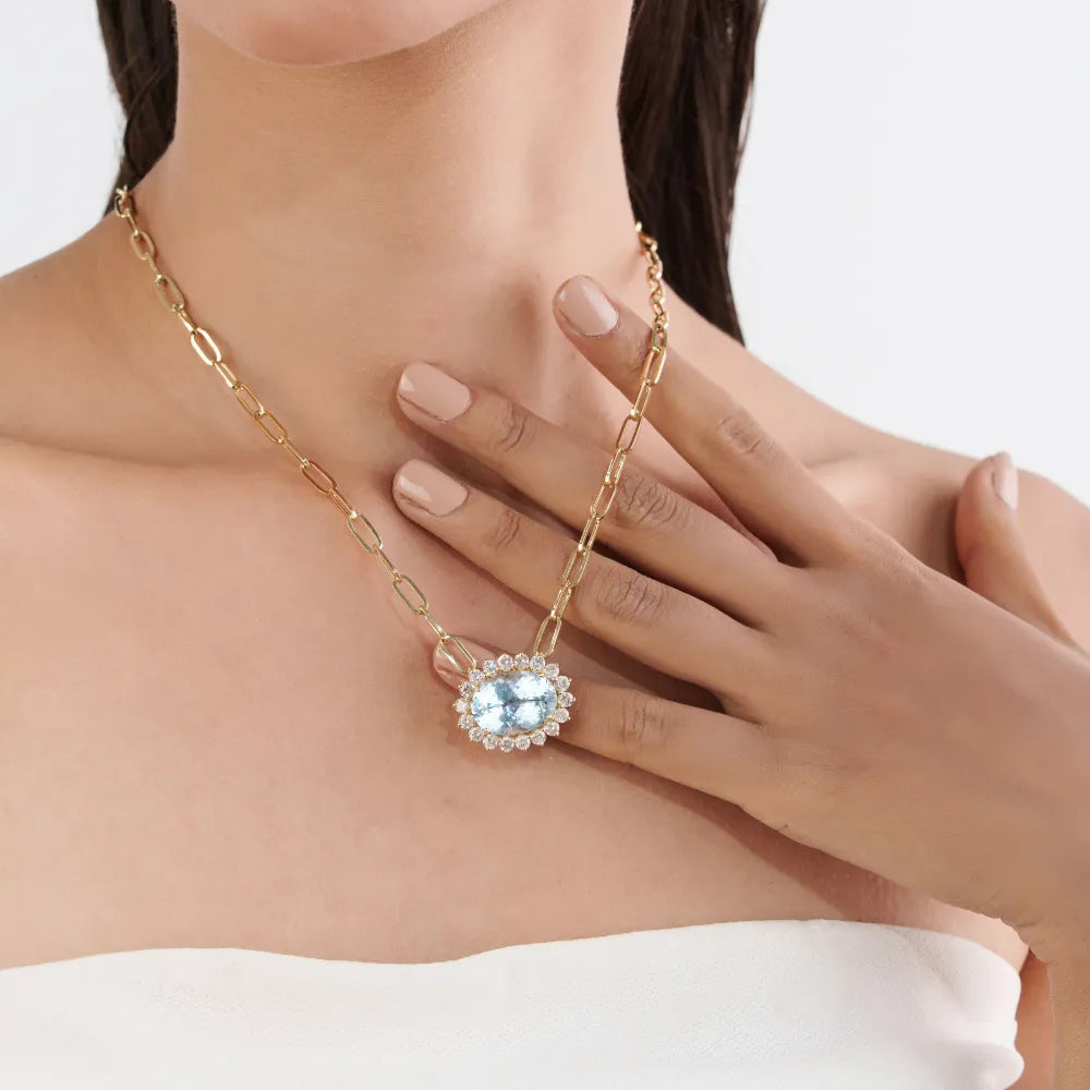 Oval Shape Aquamarine & Round Cut Diamond Bold Cluster Paperclip Chain Pendant Necklace 14K Yellow Gold
