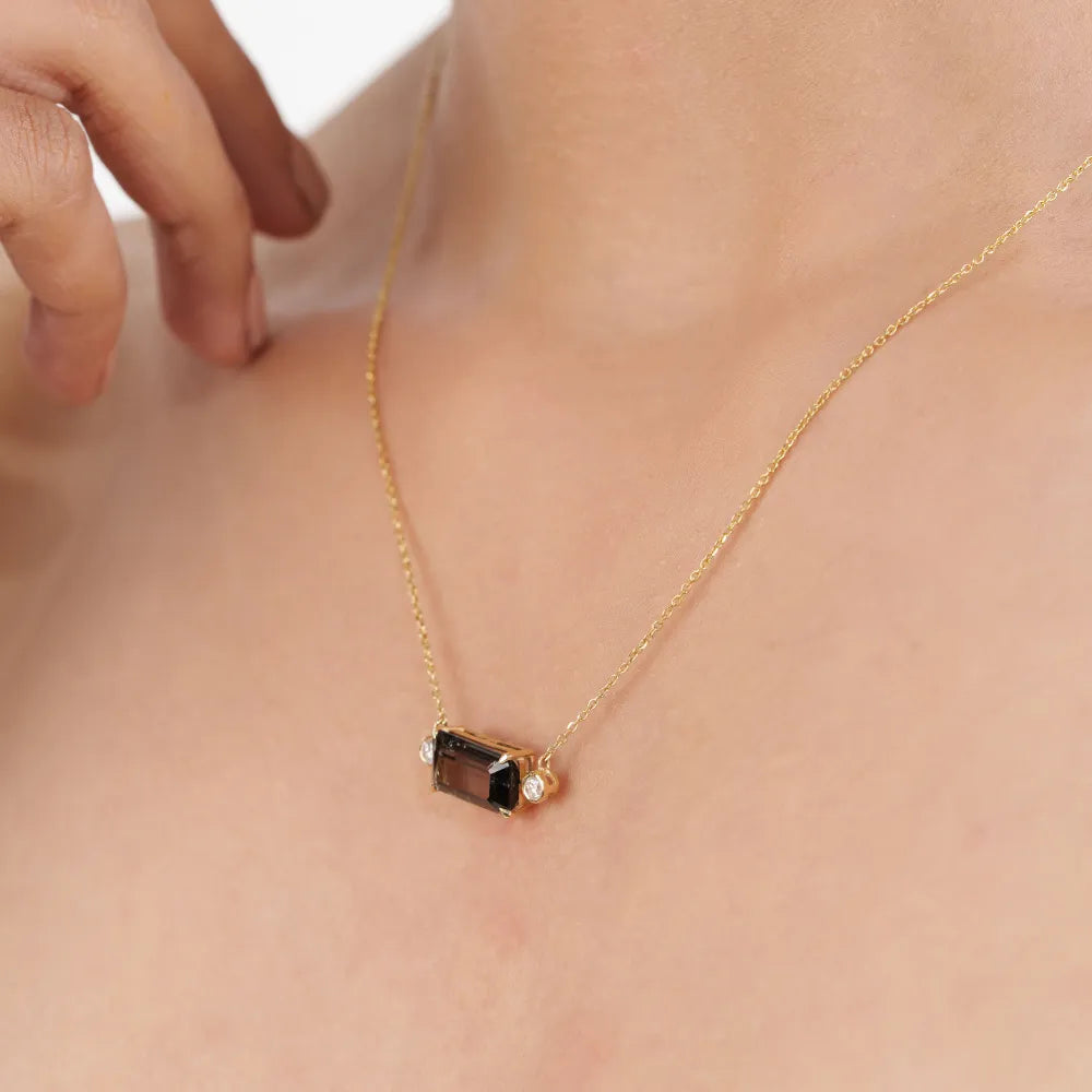 Fine Gemstone Tourmaline & Diamond Solid K14 Yellow Gold Stackable Pendant Necklace Latest Design Jewelry