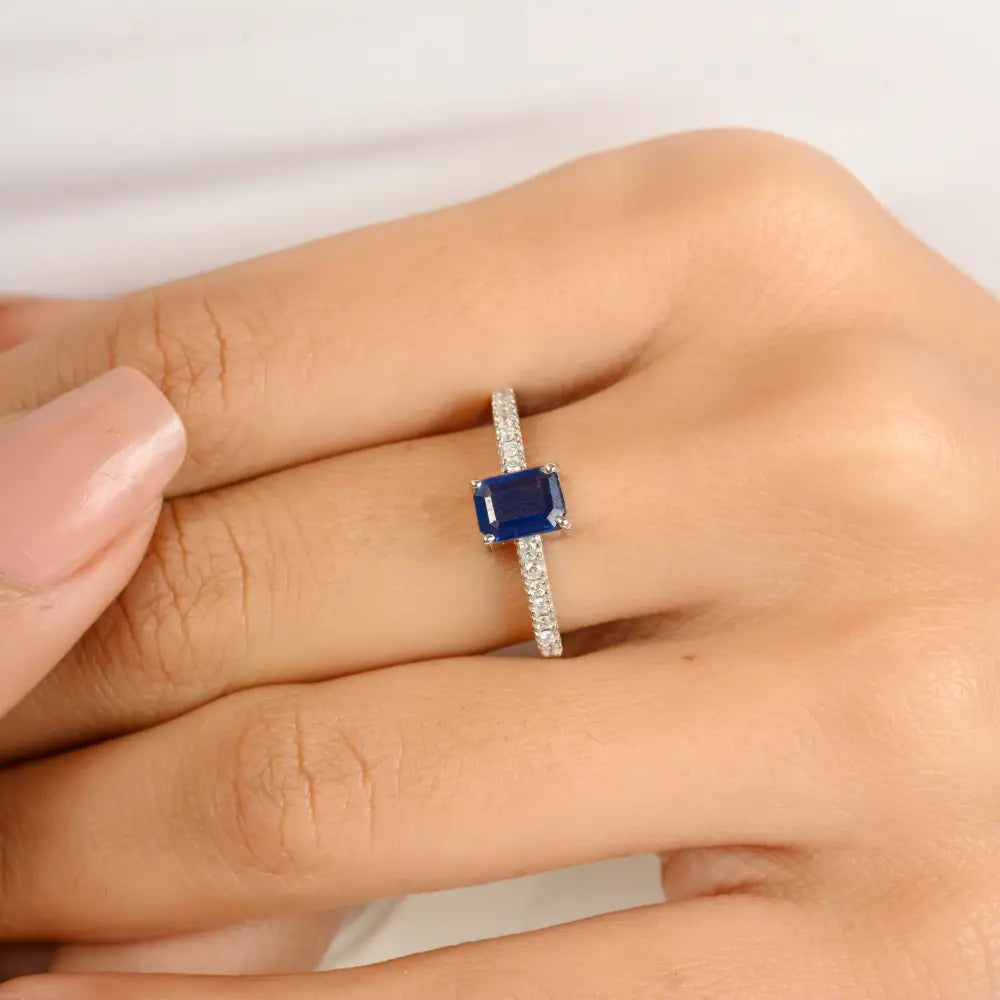 Octagon Cut Blue Sapphire & Diamond Prong Setting Engagement Ring Solid 14K White Gold