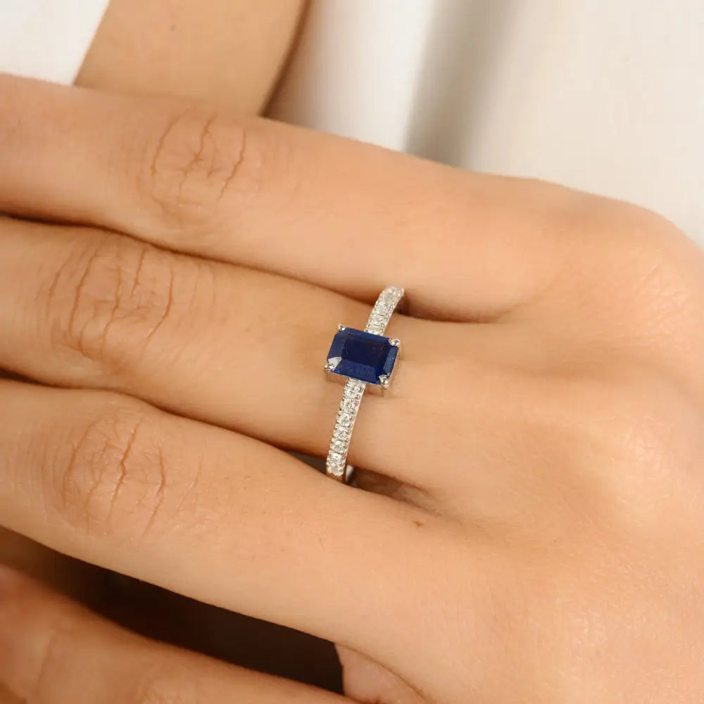 Octagon Cut Blue Sapphire & Diamond Prong Setting Engagement Ring Solid 14K White Gold