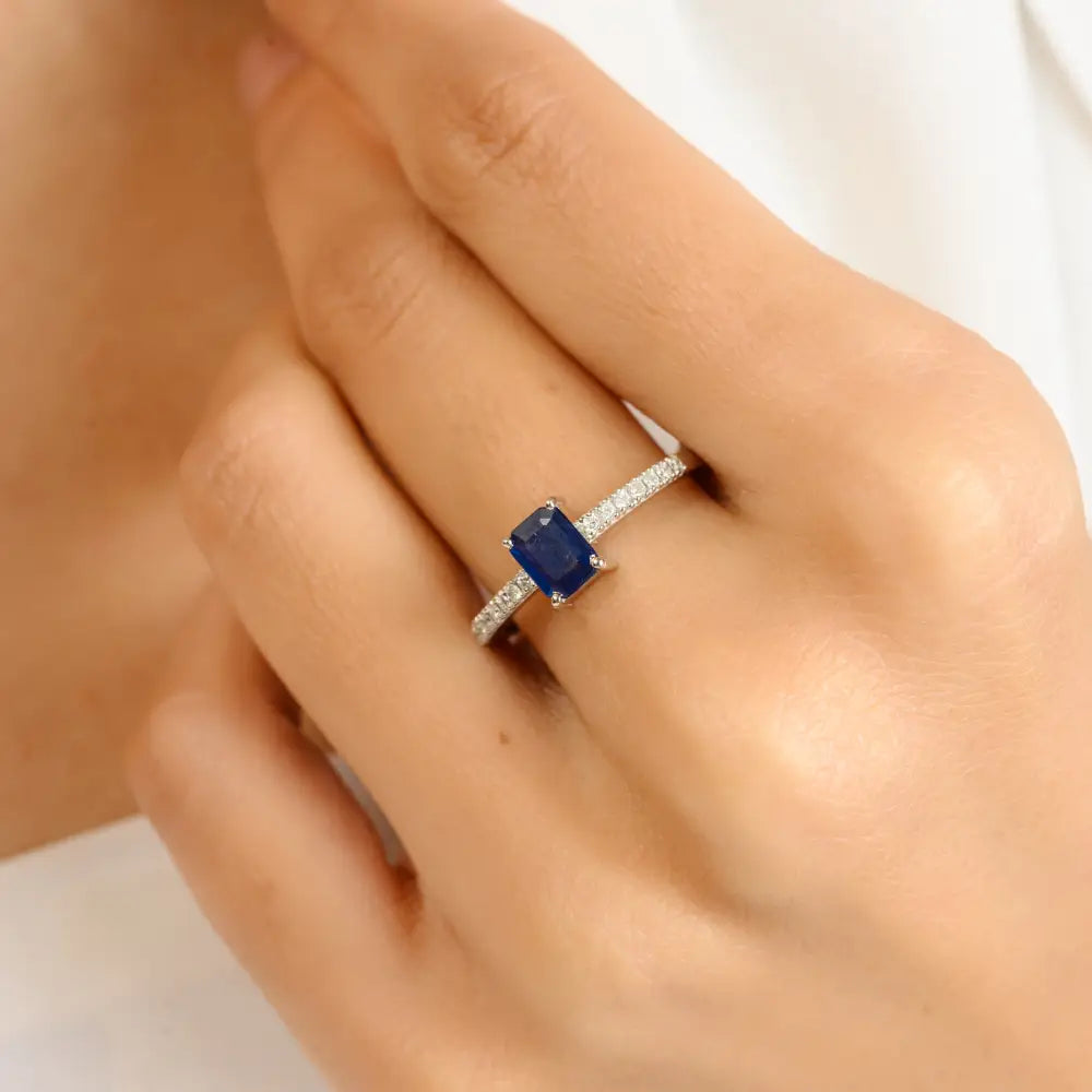 Octagon Cut Blue Sapphire & Diamond Prong Setting Engagement Ring Solid 14K White Gold