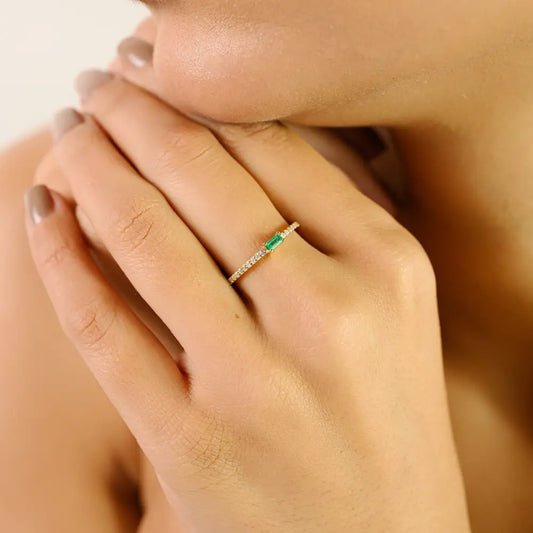 Simple Elegant Design K14 Real Yellow Gold Emerald & Diamond Stacking Dainty Ring For Girls