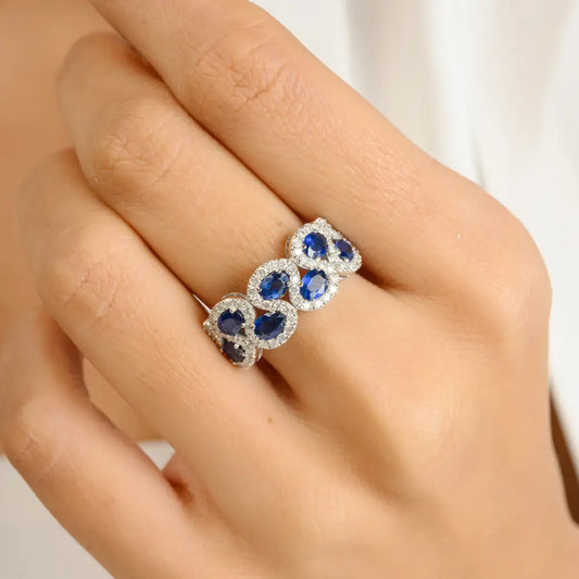 1.59 Ct. Blue Sapphire & Diamond 14K Real White Gold Statement Ring Bridal Wedding Jewelry