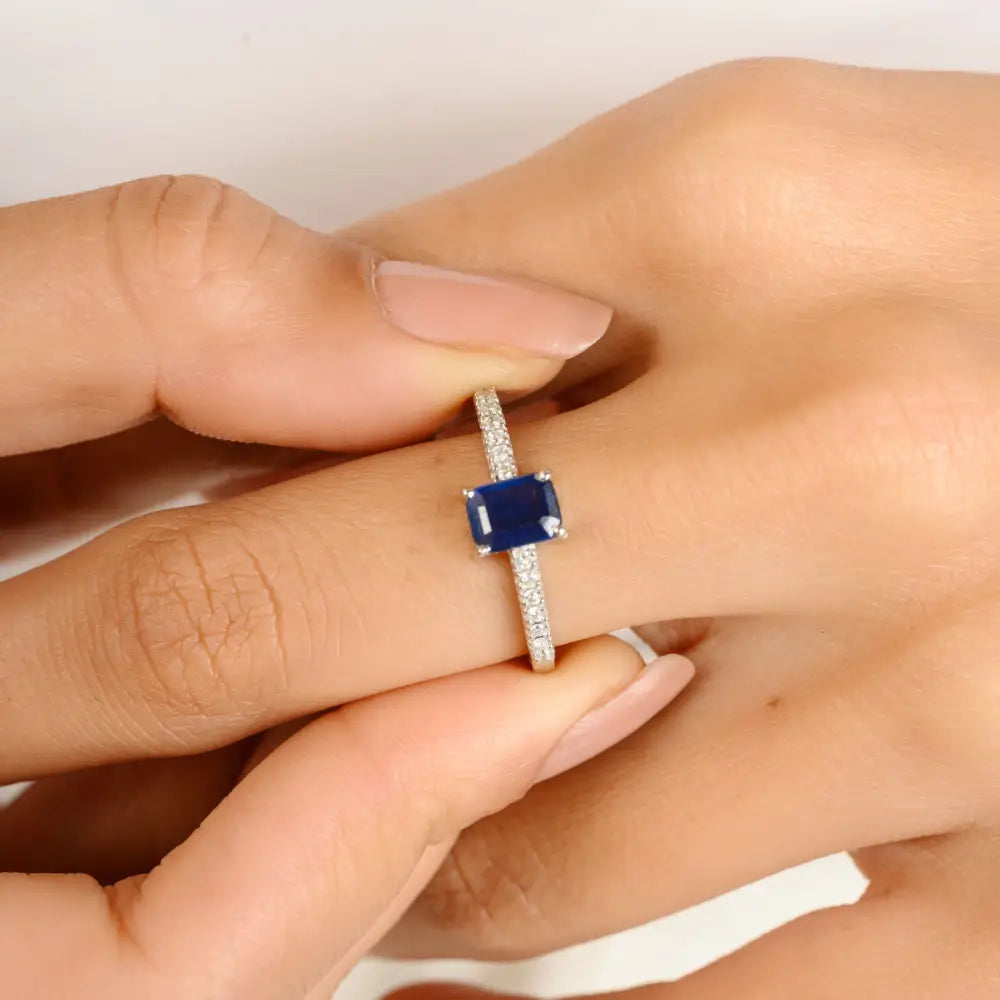 Octagon Cut Blue Sapphire & Diamond Prong Setting Engagement Ring Solid 14K White Gold